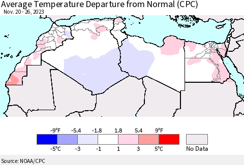 North Africa Average Temperature Departure from Normal (CPC) Thematic Map For 11/20/2023 - 11/26/2023