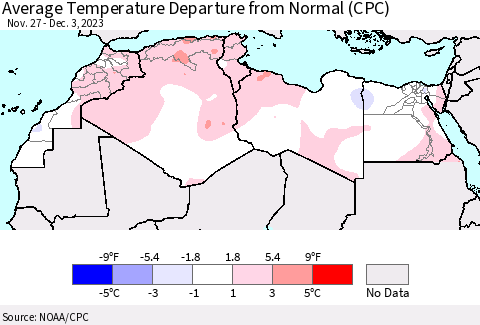 North Africa Average Temperature Departure from Normal (CPC) Thematic Map For 11/27/2023 - 12/3/2023