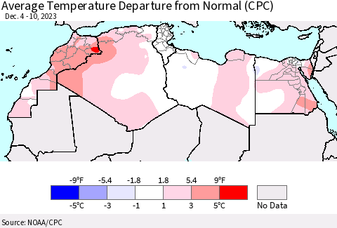 North Africa Average Temperature Departure from Normal (CPC) Thematic Map For 12/4/2023 - 12/10/2023