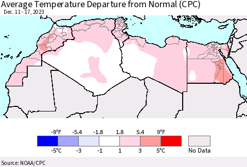 North Africa Average Temperature Departure from Normal (CPC) Thematic Map For 12/11/2023 - 12/17/2023