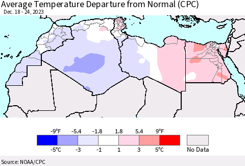 North Africa Average Temperature Departure from Normal (CPC) Thematic Map For 12/18/2023 - 12/24/2023