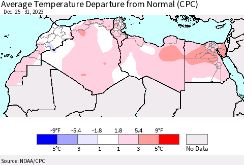 North Africa Average Temperature Departure from Normal (CPC) Thematic Map For 12/25/2023 - 12/31/2023