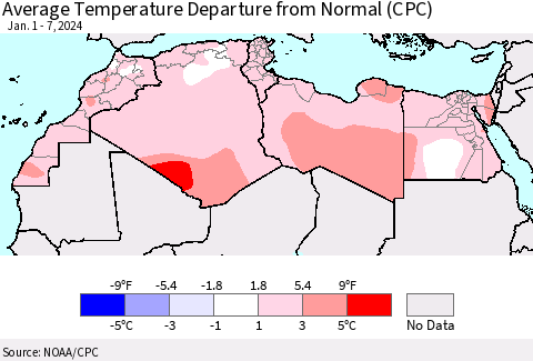 North Africa Average Temperature Departure from Normal (CPC) Thematic Map For 1/1/2024 - 1/7/2024