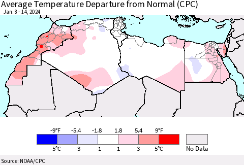 North Africa Average Temperature Departure from Normal (CPC) Thematic Map For 1/8/2024 - 1/14/2024