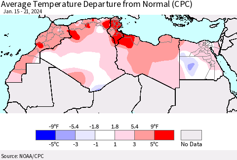North Africa Average Temperature Departure from Normal (CPC) Thematic Map For 1/15/2024 - 1/21/2024