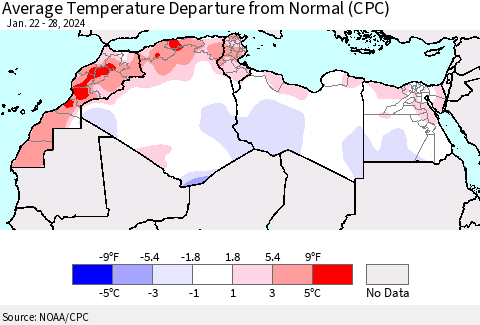 North Africa Average Temperature Departure from Normal (CPC) Thematic Map For 1/22/2024 - 1/28/2024