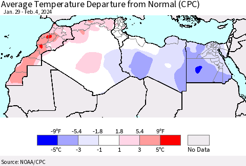 North Africa Average Temperature Departure from Normal (CPC) Thematic Map For 1/29/2024 - 2/4/2024