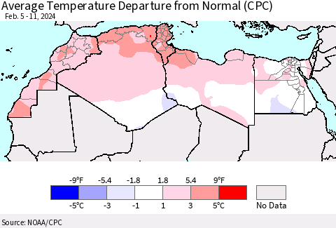 North Africa Average Temperature Departure from Normal (CPC) Thematic Map For 2/5/2024 - 2/11/2024