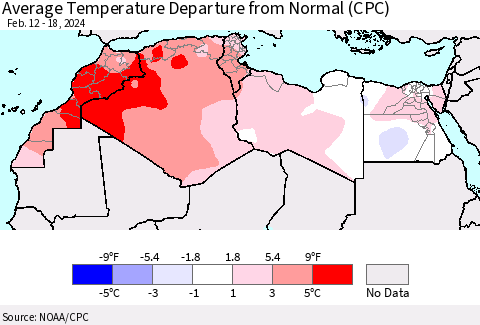 North Africa Average Temperature Departure from Normal (CPC) Thematic Map For 2/12/2024 - 2/18/2024