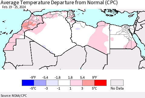 North Africa Average Temperature Departure from Normal (CPC) Thematic Map For 2/19/2024 - 2/25/2024