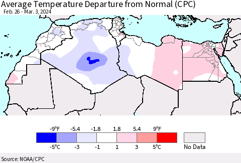 North Africa Average Temperature Departure from Normal (CPC) Thematic Map For 2/26/2024 - 3/3/2024