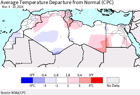 North Africa Average Temperature Departure from Normal (CPC) Thematic Map For 3/4/2024 - 3/10/2024