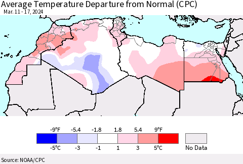 North Africa Average Temperature Departure from Normal (CPC) Thematic Map For 3/11/2024 - 3/17/2024