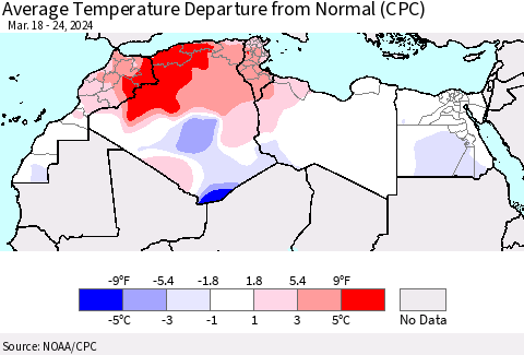North Africa Average Temperature Departure from Normal (CPC) Thematic Map For 3/18/2024 - 3/24/2024