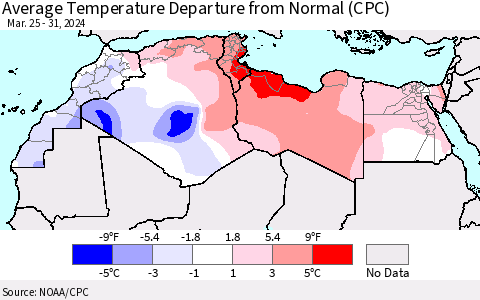 North Africa Average Temperature Departure from Normal (CPC) Thematic Map For 3/25/2024 - 3/31/2024