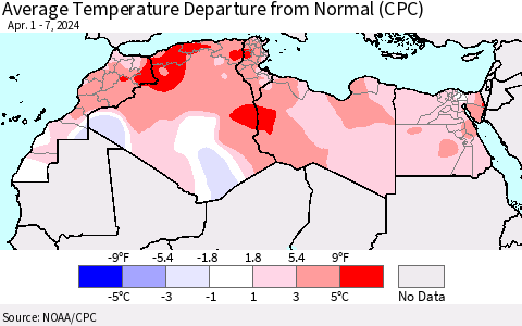 North Africa Average Temperature Departure from Normal (CPC) Thematic Map For 4/1/2024 - 4/7/2024