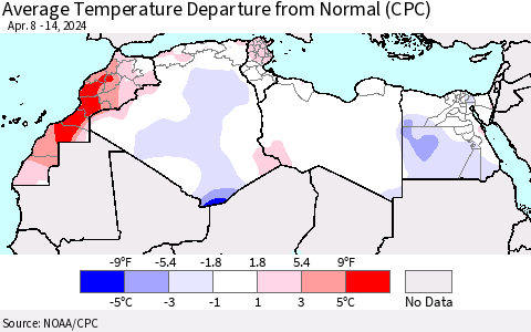 North Africa Average Temperature Departure from Normal (CPC) Thematic Map For 4/8/2024 - 4/14/2024