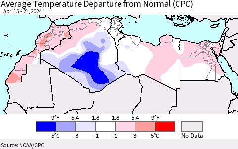 North Africa Average Temperature Departure from Normal (CPC) Thematic Map For 4/15/2024 - 4/21/2024
