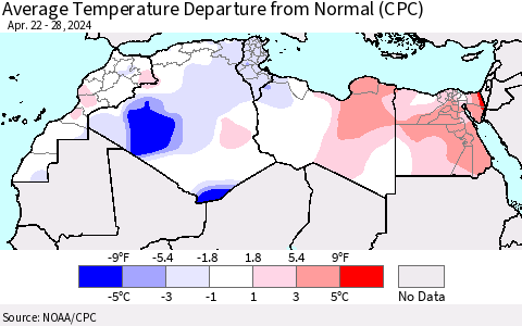 North Africa Average Temperature Departure from Normal (CPC) Thematic Map For 4/22/2024 - 4/28/2024