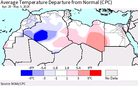 North Africa Average Temperature Departure from Normal (CPC) Thematic Map For 4/29/2024 - 5/5/2024