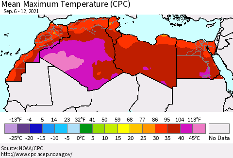 North Africa Mean Maximum Temperature (CPC) Thematic Map For 9/6/2021 - 9/12/2021