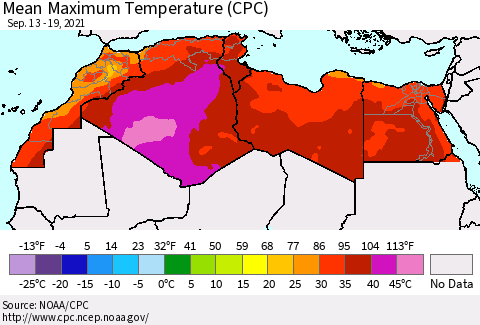 North Africa Mean Maximum Temperature (CPC) Thematic Map For 9/13/2021 - 9/19/2021