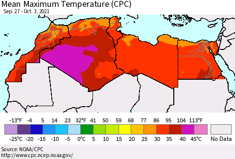 North Africa Mean Maximum Temperature (CPC) Thematic Map For 9/27/2021 - 10/3/2021