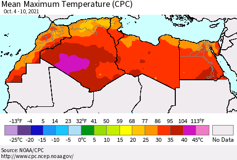 North Africa Mean Maximum Temperature (CPC) Thematic Map For 10/4/2021 - 10/10/2021