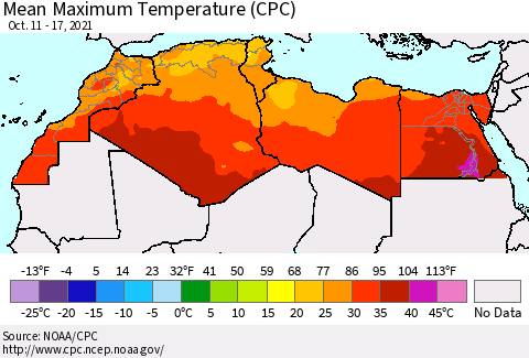 North Africa Mean Maximum Temperature (CPC) Thematic Map For 10/11/2021 - 10/17/2021