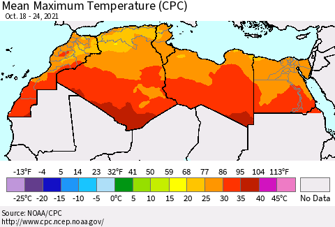 North Africa Mean Maximum Temperature (CPC) Thematic Map For 10/18/2021 - 10/24/2021