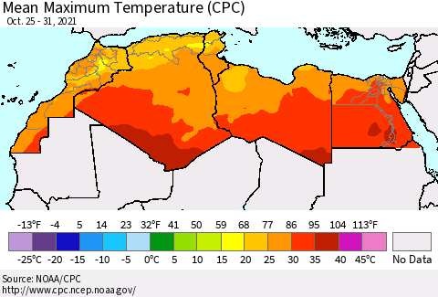 North Africa Mean Maximum Temperature (CPC) Thematic Map For 10/25/2021 - 10/31/2021