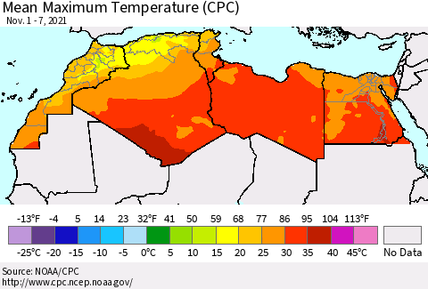 North Africa Mean Maximum Temperature (CPC) Thematic Map For 11/1/2021 - 11/7/2021
