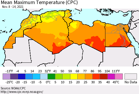 North Africa Mean Maximum Temperature (CPC) Thematic Map For 11/8/2021 - 11/14/2021