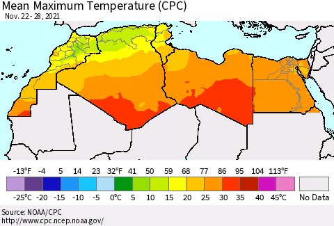 North Africa Mean Maximum Temperature (CPC) Thematic Map For 11/22/2021 - 11/28/2021