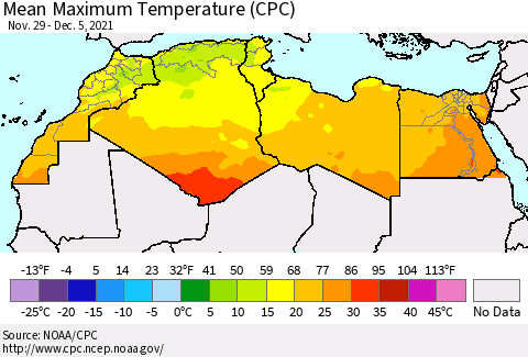 North Africa Mean Maximum Temperature (CPC) Thematic Map For 11/29/2021 - 12/5/2021