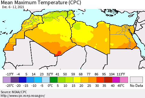 North Africa Mean Maximum Temperature (CPC) Thematic Map For 12/6/2021 - 12/12/2021