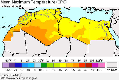 North Africa Mean Maximum Temperature (CPC) Thematic Map For 12/20/2021 - 12/26/2021