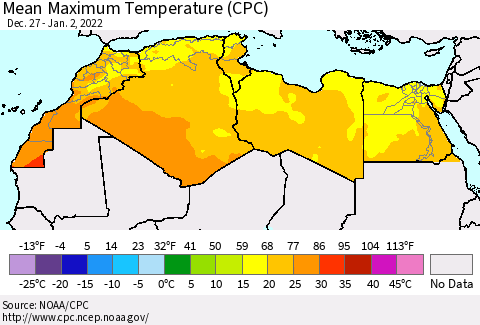North Africa Mean Maximum Temperature (CPC) Thematic Map For 12/27/2021 - 1/2/2022