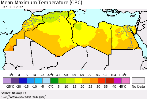 North Africa Mean Maximum Temperature (CPC) Thematic Map For 1/3/2022 - 1/9/2022
