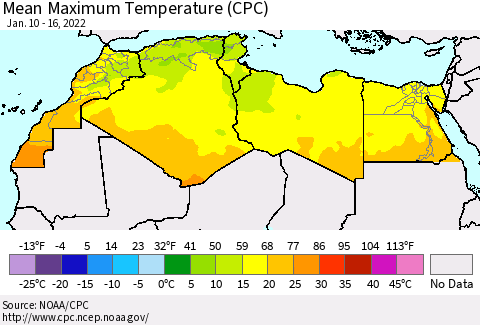 North Africa Mean Maximum Temperature (CPC) Thematic Map For 1/10/2022 - 1/16/2022