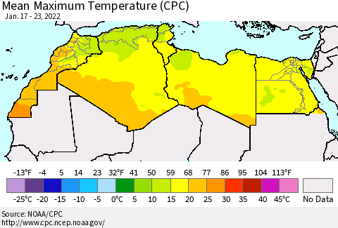 North Africa Mean Maximum Temperature (CPC) Thematic Map For 1/17/2022 - 1/23/2022