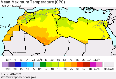 North Africa Mean Maximum Temperature (CPC) Thematic Map For 1/24/2022 - 1/30/2022