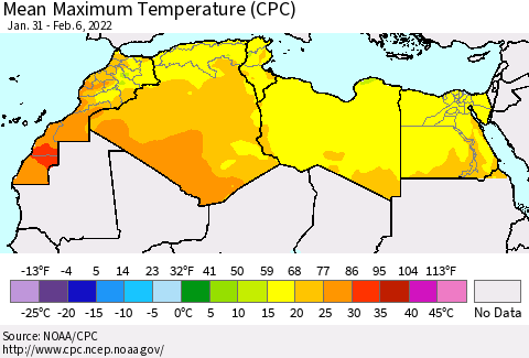 North Africa Mean Maximum Temperature (CPC) Thematic Map For 1/31/2022 - 2/6/2022