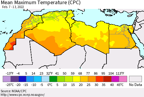 North Africa Mean Maximum Temperature (CPC) Thematic Map For 2/7/2022 - 2/13/2022