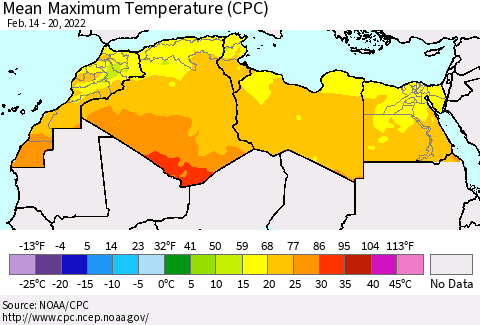 North Africa Mean Maximum Temperature (CPC) Thematic Map For 2/14/2022 - 2/20/2022