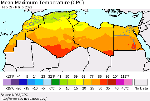 North Africa Mean Maximum Temperature (CPC) Thematic Map For 2/28/2022 - 3/6/2022