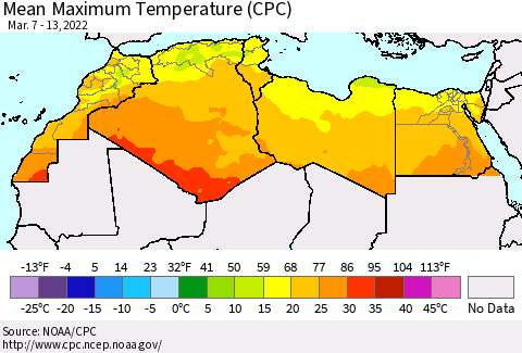 North Africa Mean Maximum Temperature (CPC) Thematic Map For 3/7/2022 - 3/13/2022