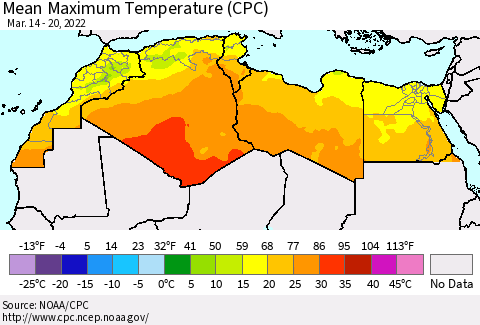 North Africa Mean Maximum Temperature (CPC) Thematic Map For 3/14/2022 - 3/20/2022