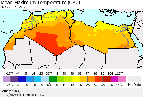 North Africa Mean Maximum Temperature (CPC) Thematic Map For 3/21/2022 - 3/27/2022