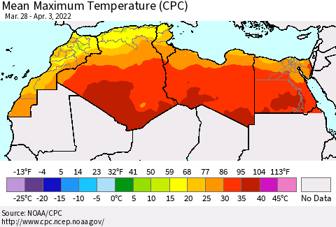 North Africa Mean Maximum Temperature (CPC) Thematic Map For 3/28/2022 - 4/3/2022
